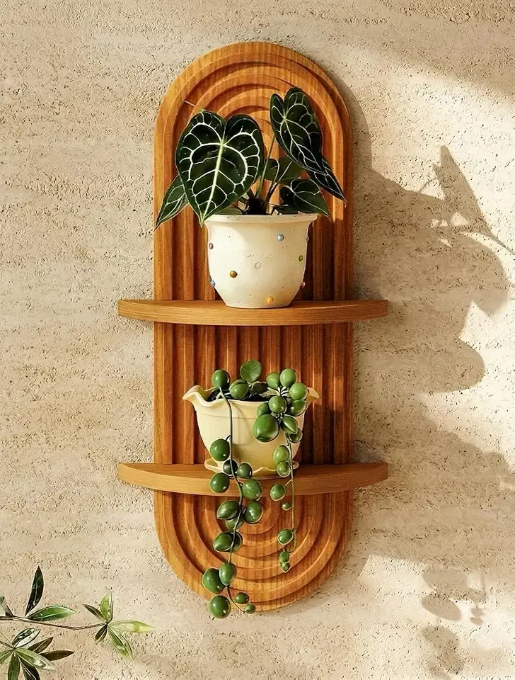 Bamworld Boho Wall Decor Plant Wall Shelf Wood Plant Holder 2 Tier Brown | Mid Century Modern Decor Hanging Plant Shelf Wooden Floating Shelves for Home Bedroom Living Room Holding Planter Decoration