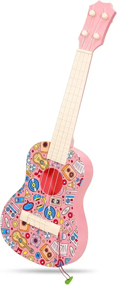 LeeQee 21in Ukulele Guitar for Kids, Graffiti Toy Guitar with Picks, Pink