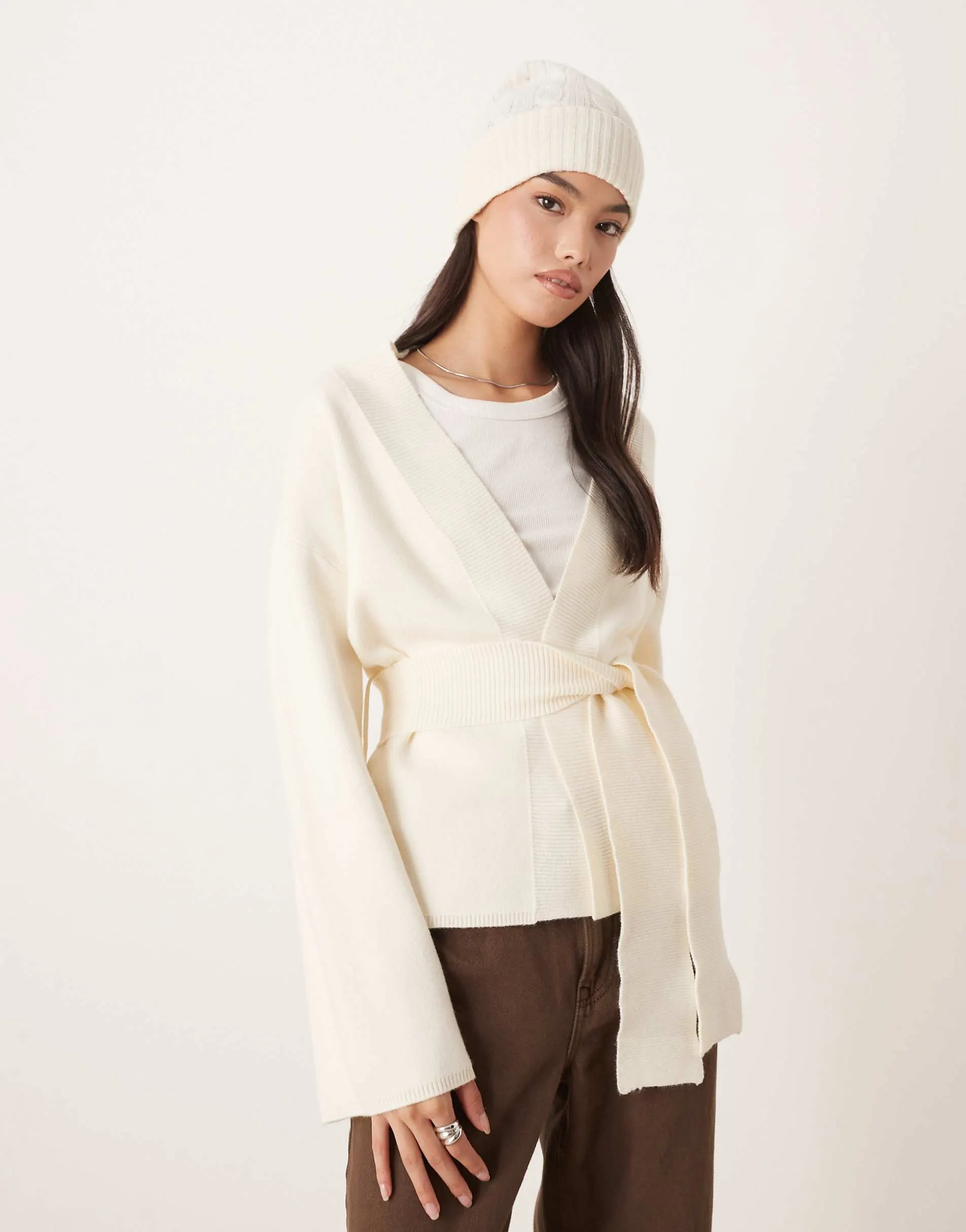 Gina Tricot knitted wrap kimono cardigan in cream