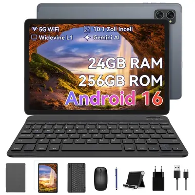 TABWEE T20 Android 16 Tablet 10.1 Zoll, 24GB(8+16 Berweiterbar) RAM+256GB ROM(2TB TF) mit Zubehör Tablet-PC, Widevine L1, 5G WiFi, Gemini Al Magic