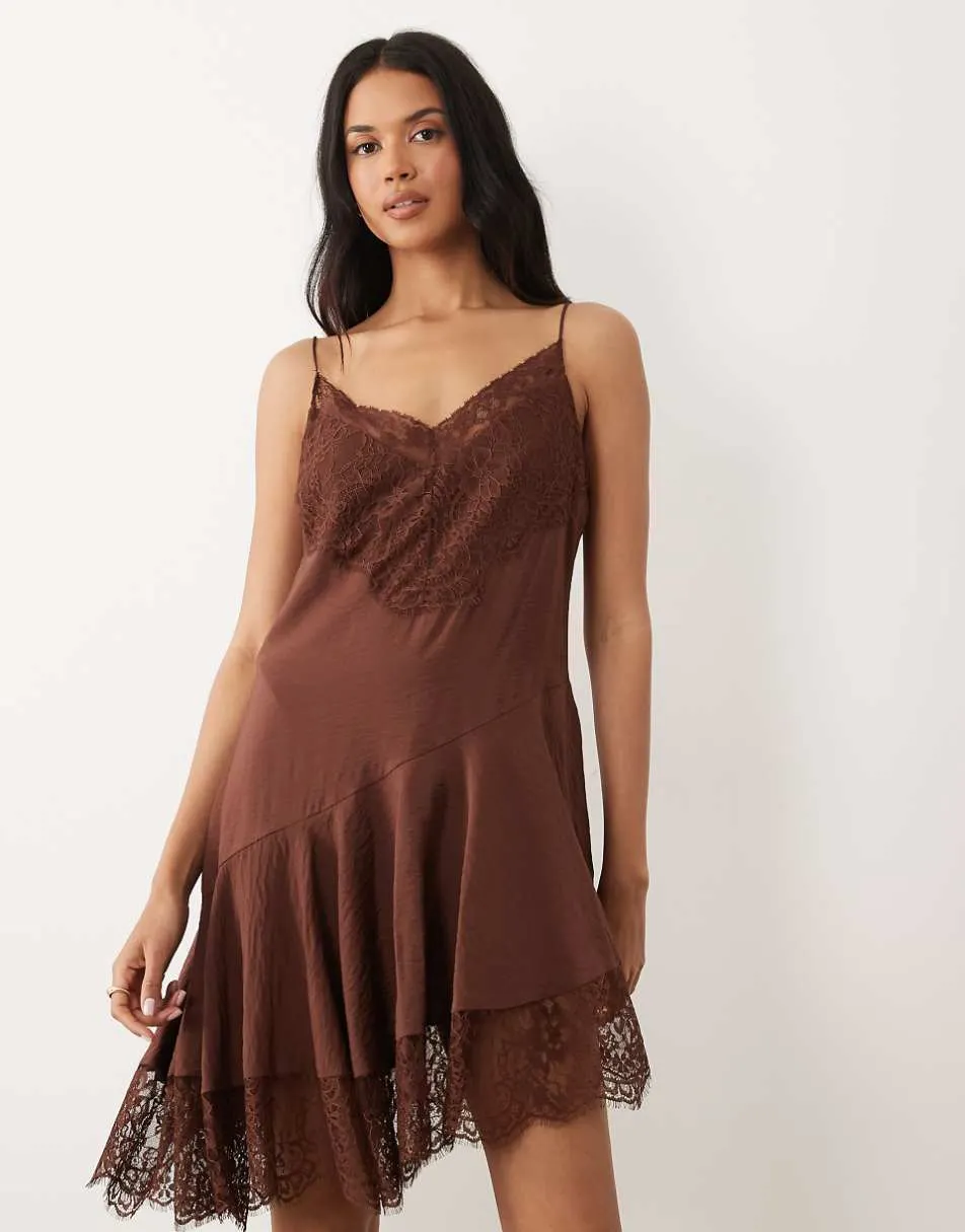 ASOS DESIGN slip lace trim mini dress with asym hem in chocolate