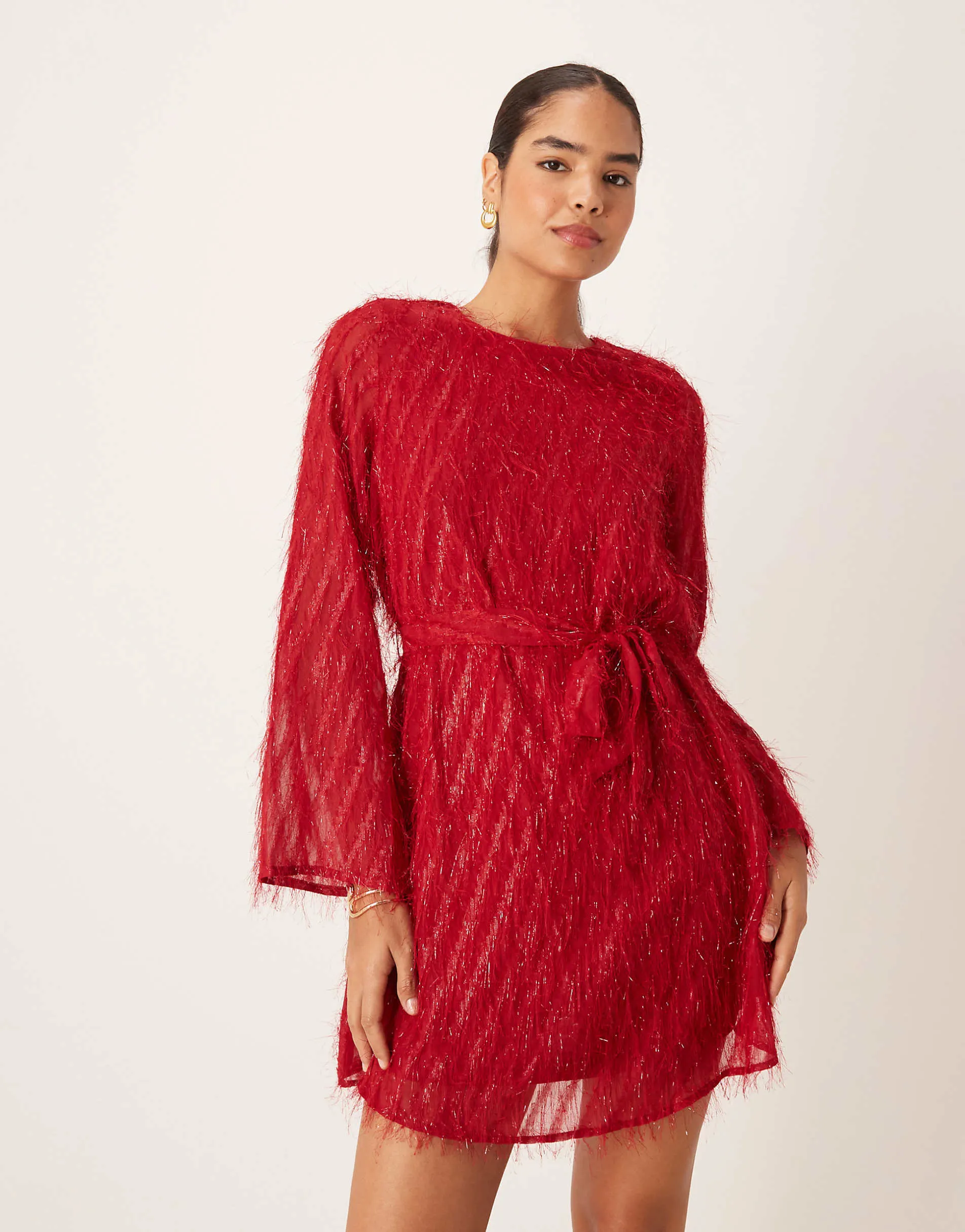 Vila fluffy textured tie waist mini dress in red