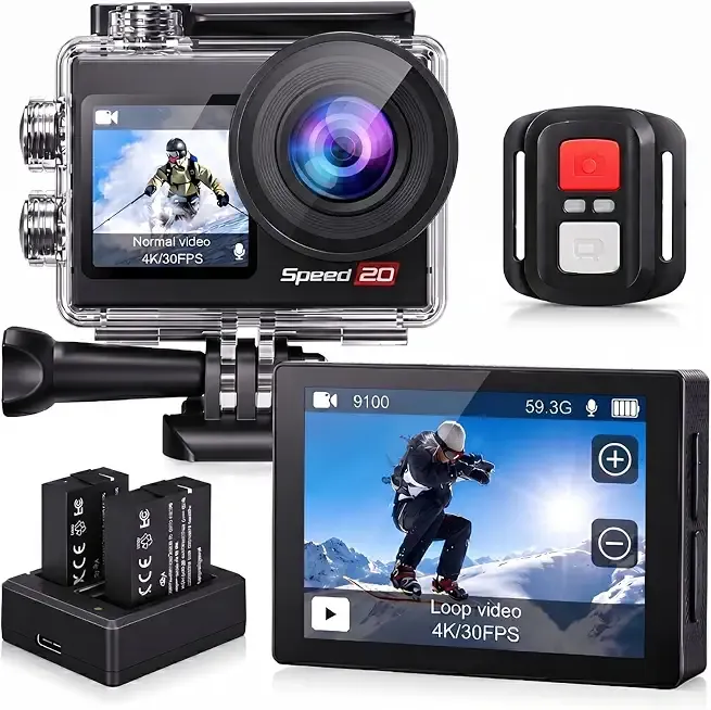 4K Action Camera 20MP Touch Screen WiFi EIS 131FT Waterproof | Dual touch screens, 170° wide-angle, 5X zoom, remote control. For snorkeling, biking, helmet. 2 rechargeable batteries.