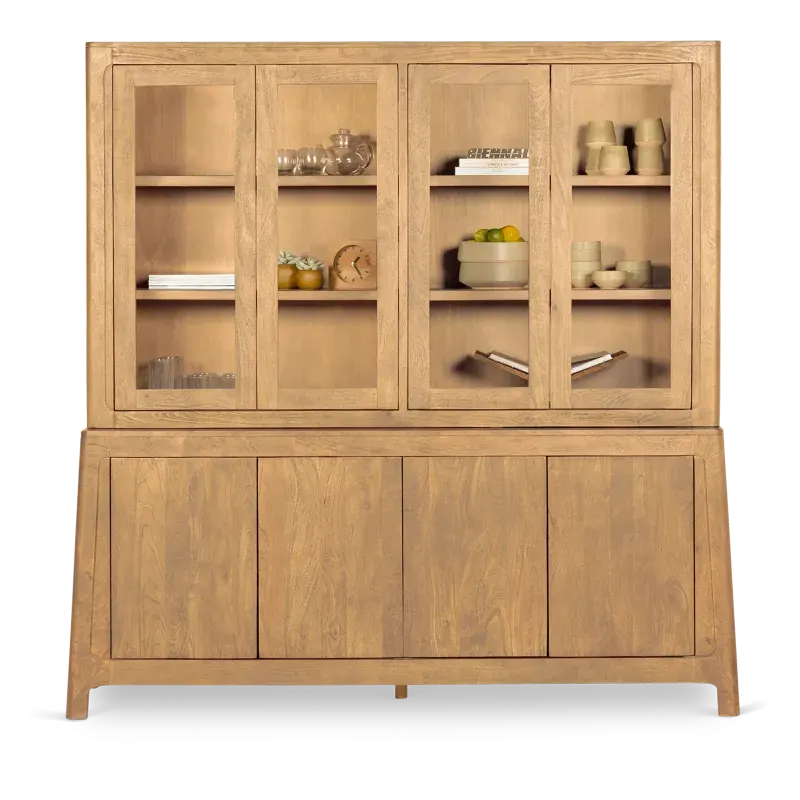 Buffetkast Latara - 200 cm - 8-deurs - Mangohout Loom Naturel - 4 glasdeuren, 4 dichte deuren
