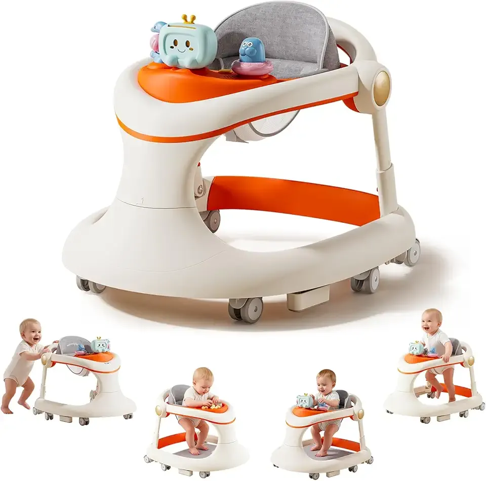 Baby Walker with Wheels, 5-in-1 Foldable Baby Walker for Boys and Girls 7-18 Months with Adjustable Height Detachable Seat and Music Tray Baby Activity Walker, Anti-Fall Activity Center for Boys Girls