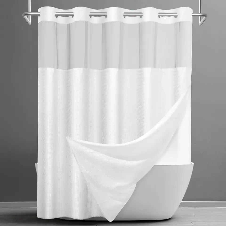 SORTTO No Hook Shower Curtain with Snap in Liner Set Waffle Shower Curtain for Bathroom Hotel Style Fabric Waterproof Inner Liner，71" W x 74" H, White