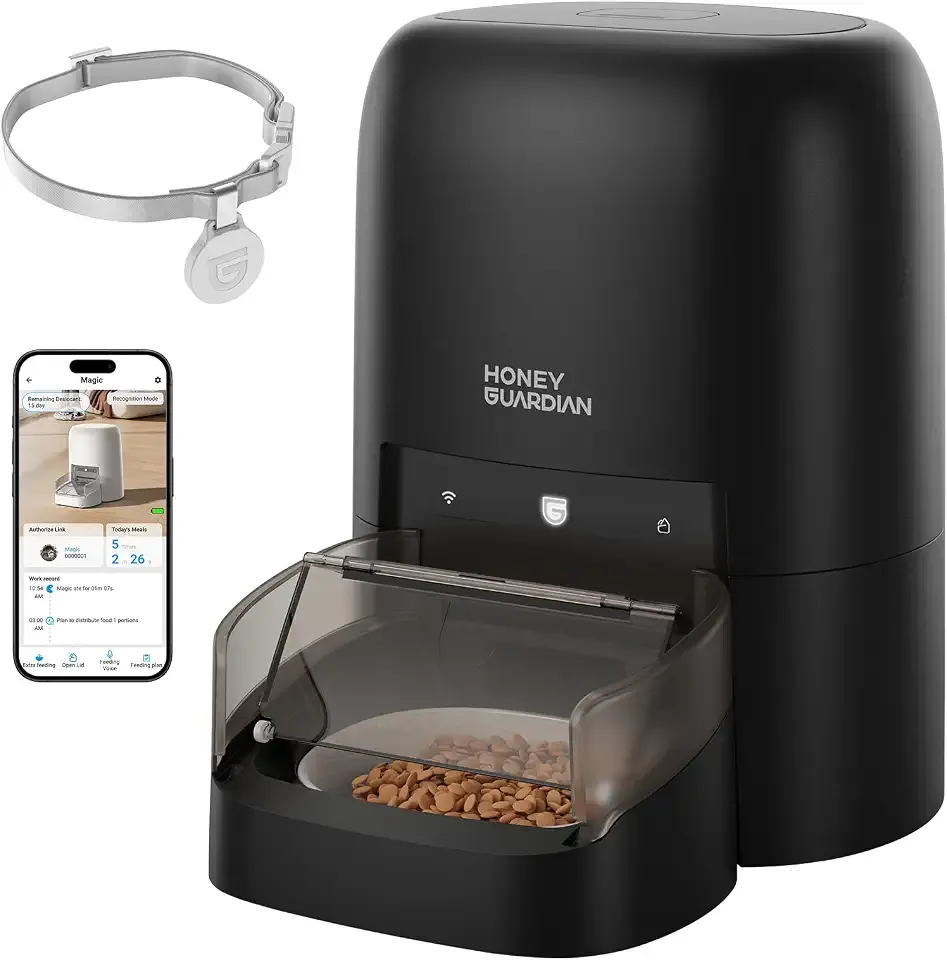 HoneyGuaridan RFID Automatic Cat Feeder,Collar Tag for Personalized Meal | 4.6L 5G WiFi Cat Food Dispenser with Cats Recognition,Diet Tracking and Anti-theft for Multi Pet Home and Different Diet