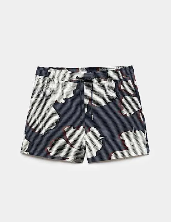 Pocketed Linear Floral Print Swim Shorts