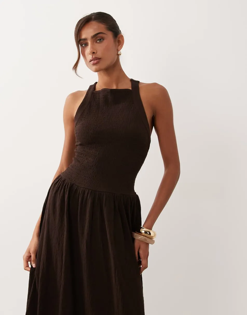 ASOS DESIGN crinkle built up cross back midi dress in chocolate