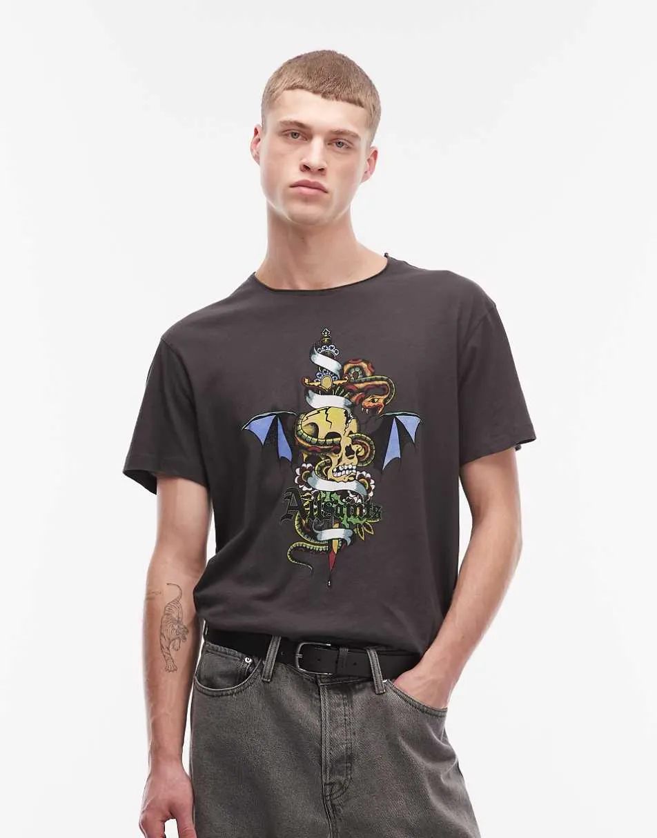 AllSaints Sabre graphic logo t-shirt with back print in washed black