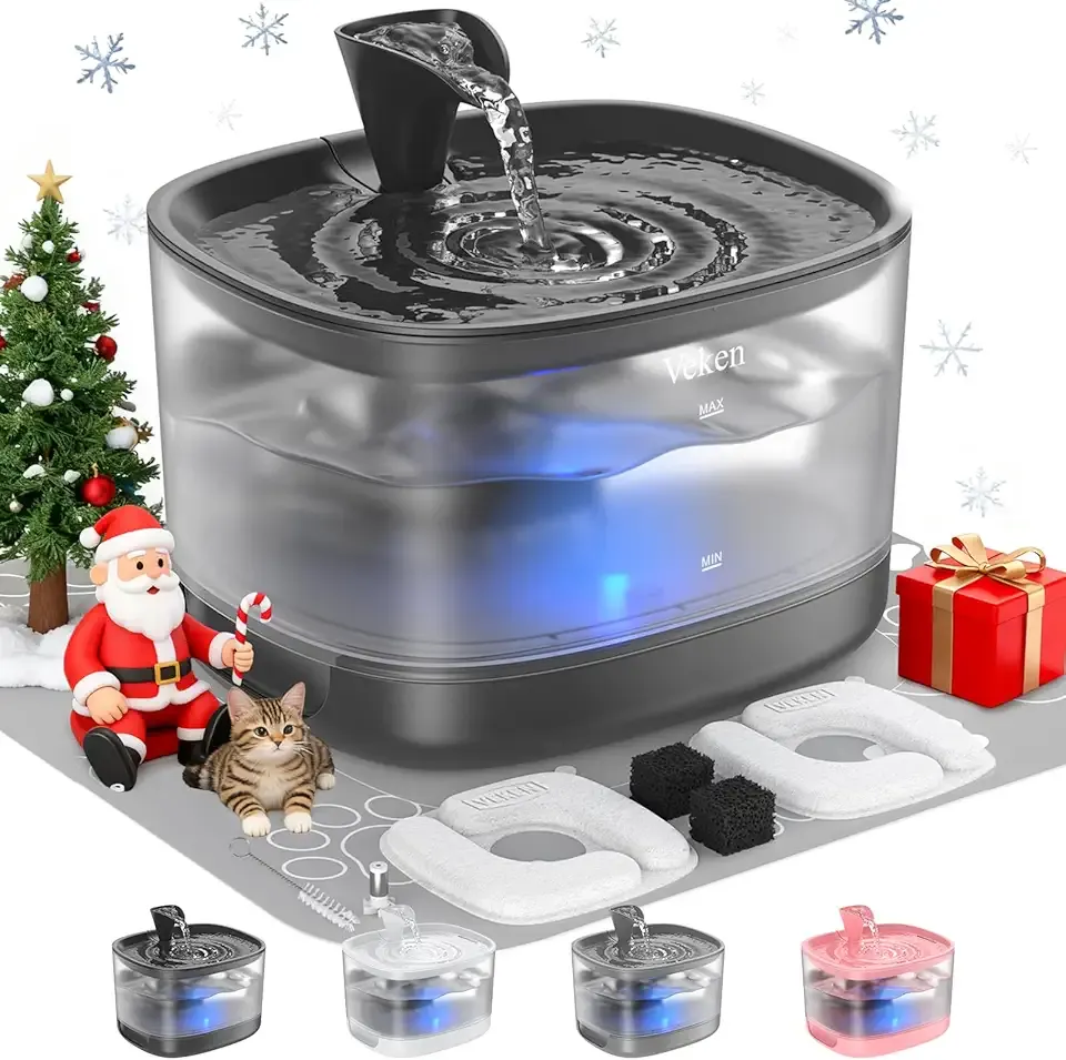 Veken Cat Water Fountain with Detachable Tank, Easy to Clean & Assemble, 84oz/2.5L Pet Drinking Dispenser with Quiet Operation & LED Light, Gifts for Christmas, Cats, Dogs and Small Pets, Black