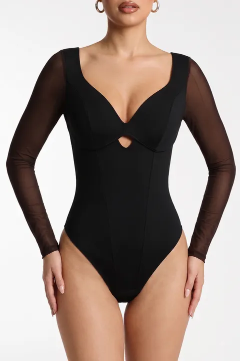 Shapewear Mesh Sleeve Cutout Sweetheart Sculpting Bodysuit