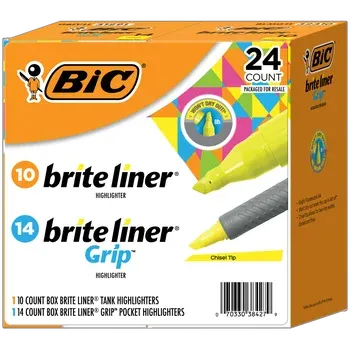 BIC Brite Liner Highlighter Combo Pack, Chisel Tip, Fluorescent Yellow, 24-count