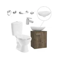 Combo de Baño Manantial Pro: Sanitario dos piezas + Mueble de Baño con Lavamanos + Grifería Nogal + Accesorios Corona