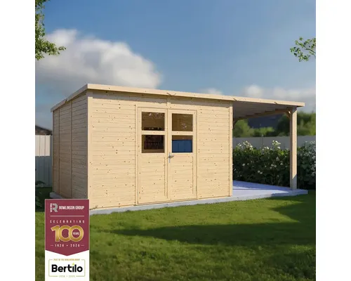 Dřevěný zahradní domek Konsta Baltrum 2 přírodní 566 x 289 cm vč. bočního přístřešku