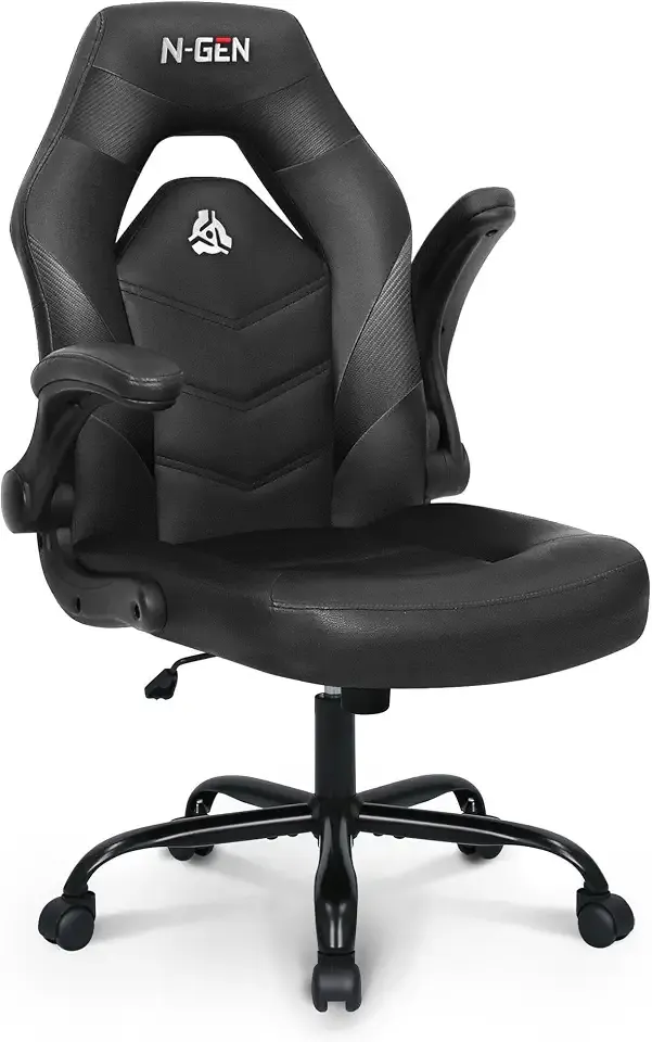 N-GEN Gaming Gaming Chair, Lumbar, PU Leather, Flip-Up Arms, Jet Black | Ergonomic High-Back Design, Adjustable Height with 360° Swivel Wheels, Comfortable Computer Desk Seating for Office and Home