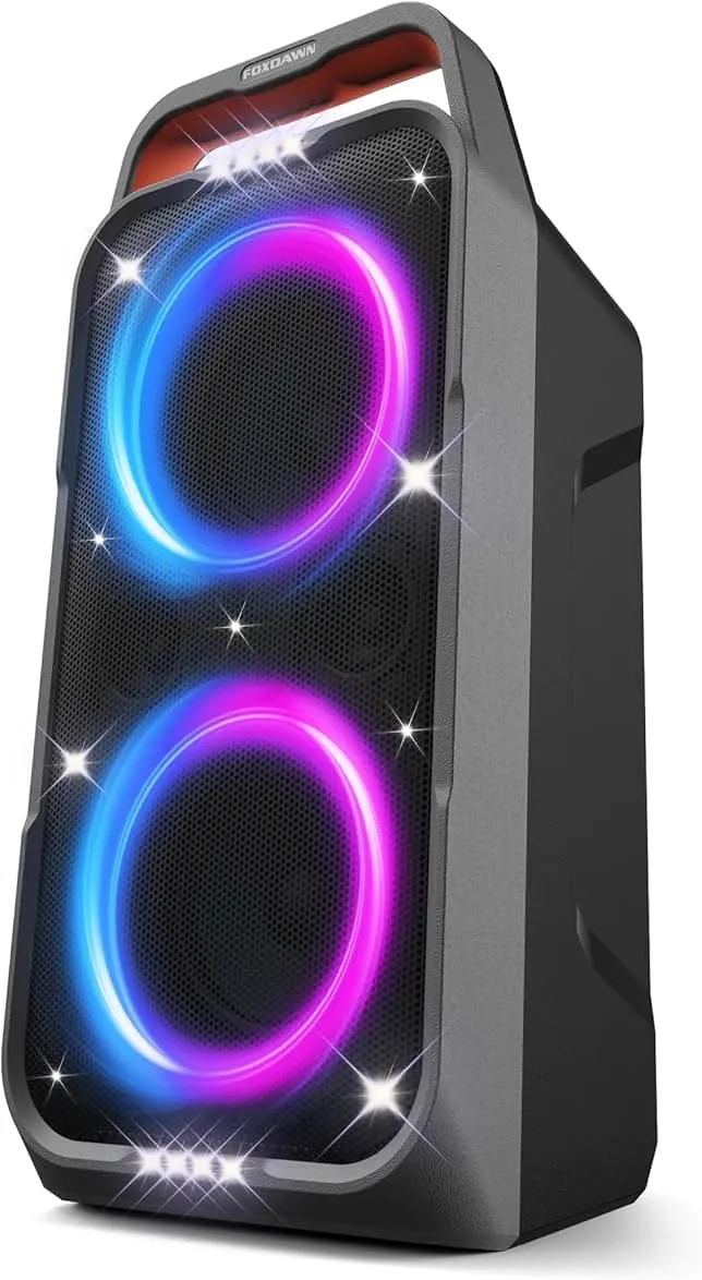 Foxdawn Portable Bluetooth Speaker: 240W Peak Powerful Loud Sound Deep Bass Wireless Boombox Large Subwoofer 15 Hours Battery Life Fast Charging with Led Light Show for Party Outdoor Camping Backyard