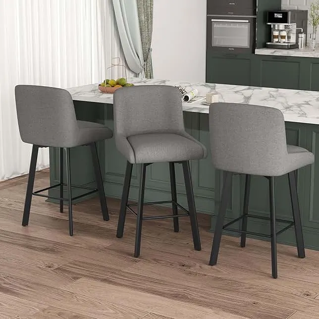 SAECKBERG Swivel Counter Height Bar Stools Set of 3, 26''H Upholstered Barstools with Backs, Modern Bar Stool Chairs for Kitchen Island, Met…