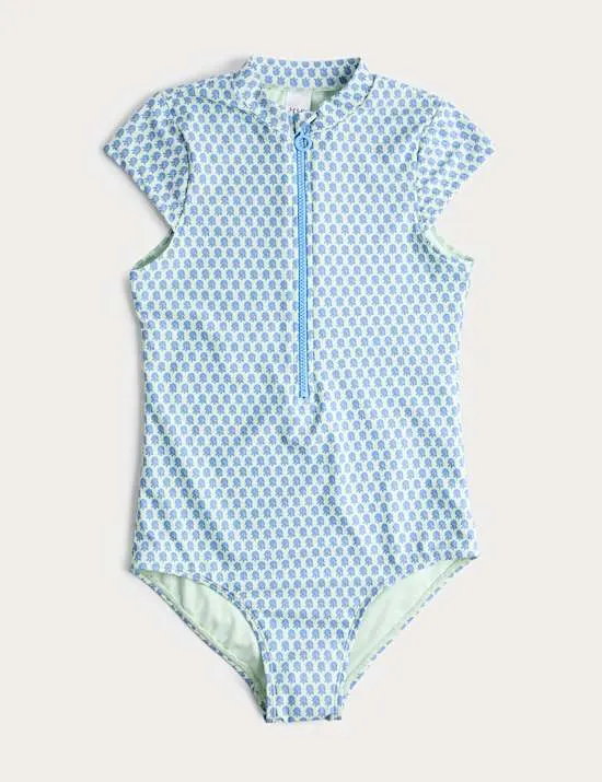Printed Zip Through Cap Sleeve Swimsuit (6-16 Yrs)