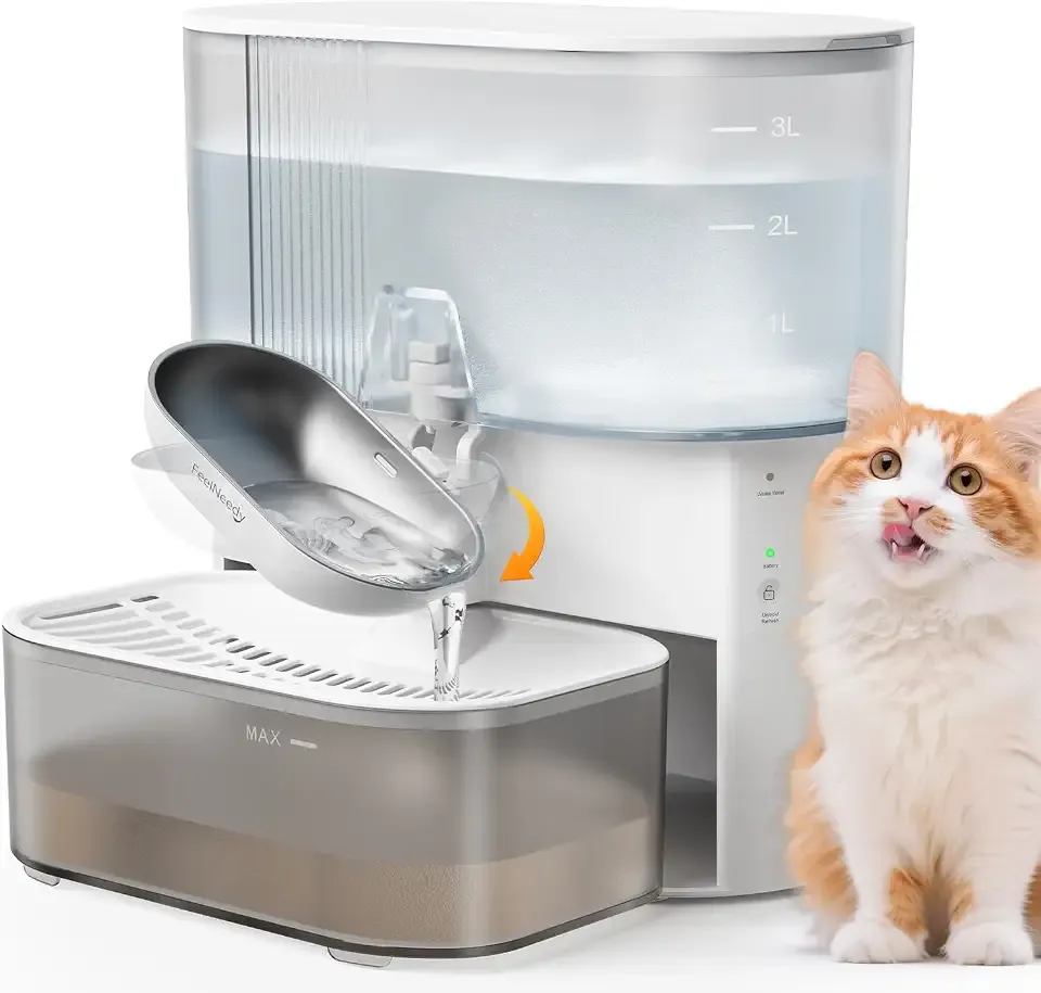 Wireless Cat Water Fountain No Filters, Wastewater Separation, FEELNEEDY Stainless Steel Bowl, 3.5L Pet Water Fountain for Cats & Dogs Dispenser, White