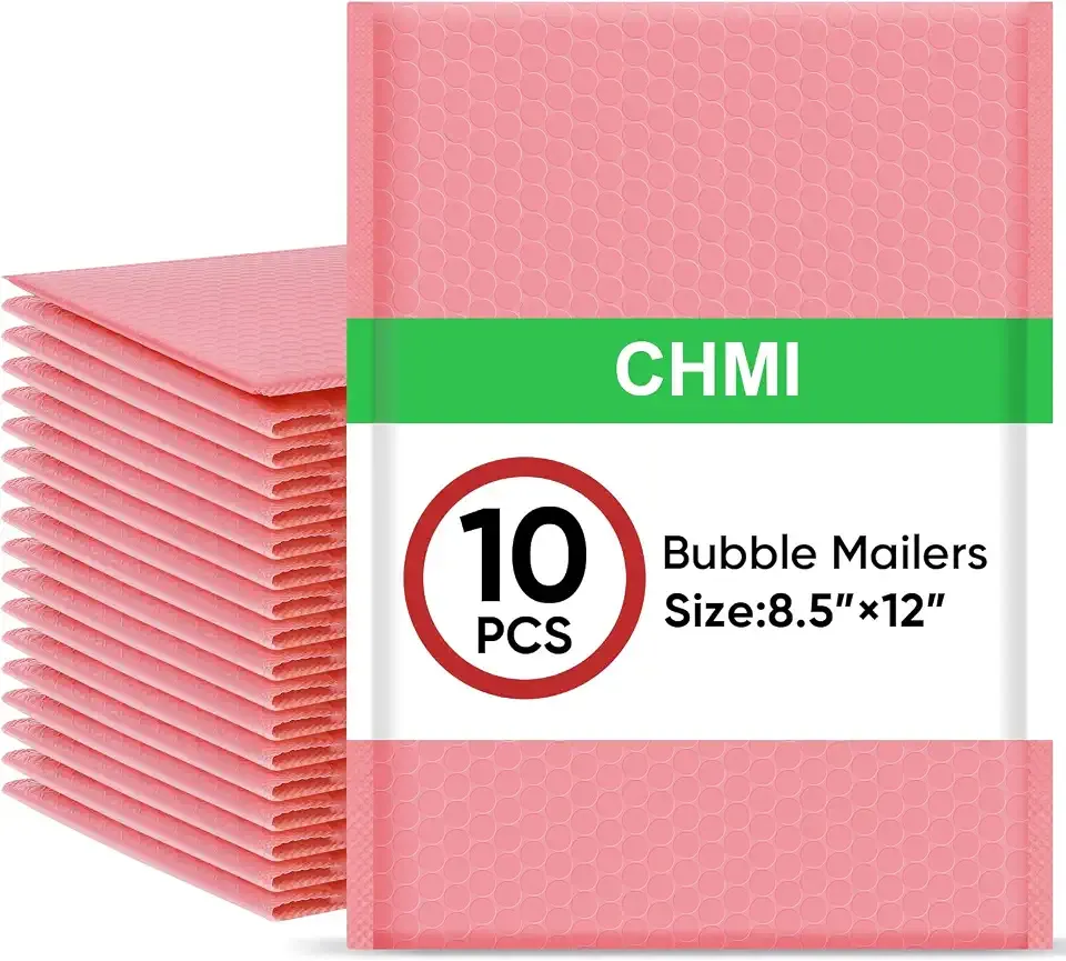 CHMI Pink Bubble Mailers 8.5 x 12 Inch 10 Pack, Usable Size 8.25X12 Inch Poly Mailers,Mailing Envelopes,Shipping Mailer,Opaque Self Seal Adhesive Waterproof Bags for Packaging and Shipping.