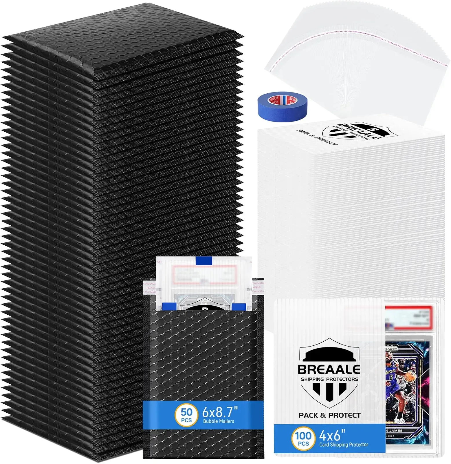 Trading Card Shipping Kit, Includes 100 4'' x 6'' Graded Card Shipping Protectors, 50 6'' x 8.7'' Envelope Bubble Mailers, 20M Painter’s Tape, 50 Cellophane Bags, PSA BGS CGC Slabs & Raw