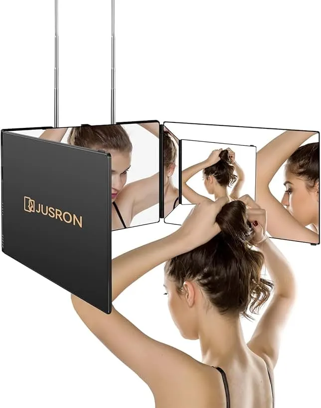 JUSRON 360 Viewing Angle Self Hair Cutting Mirror, Clear Anti-Fog HD Glass (Black Without LED Without Accessories)