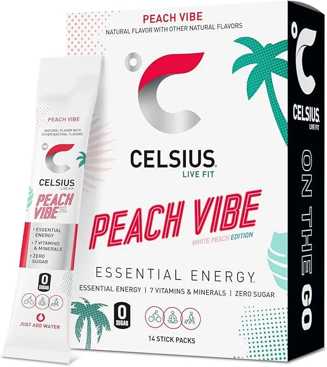 CELSIUS On The Go PEACH VIBE, Sugar Free Energy Drink Mix (14 Sticks per Pack)