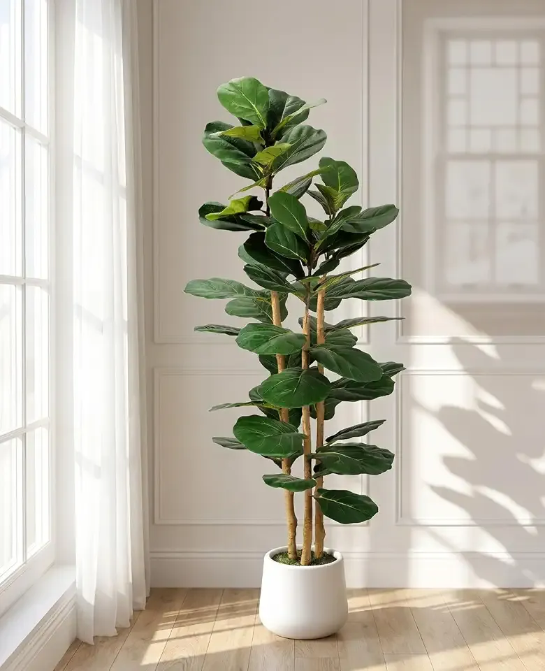 Artificial Fiddle Leaf Fig Tree in Modern White Planter, 5ft Large Fake Tree with 3 Sturdy Trunks, Fake Plants Faux Fig Tree with Moss, Lifelike Tall Artificial Plants Indoor for Office Home Decor