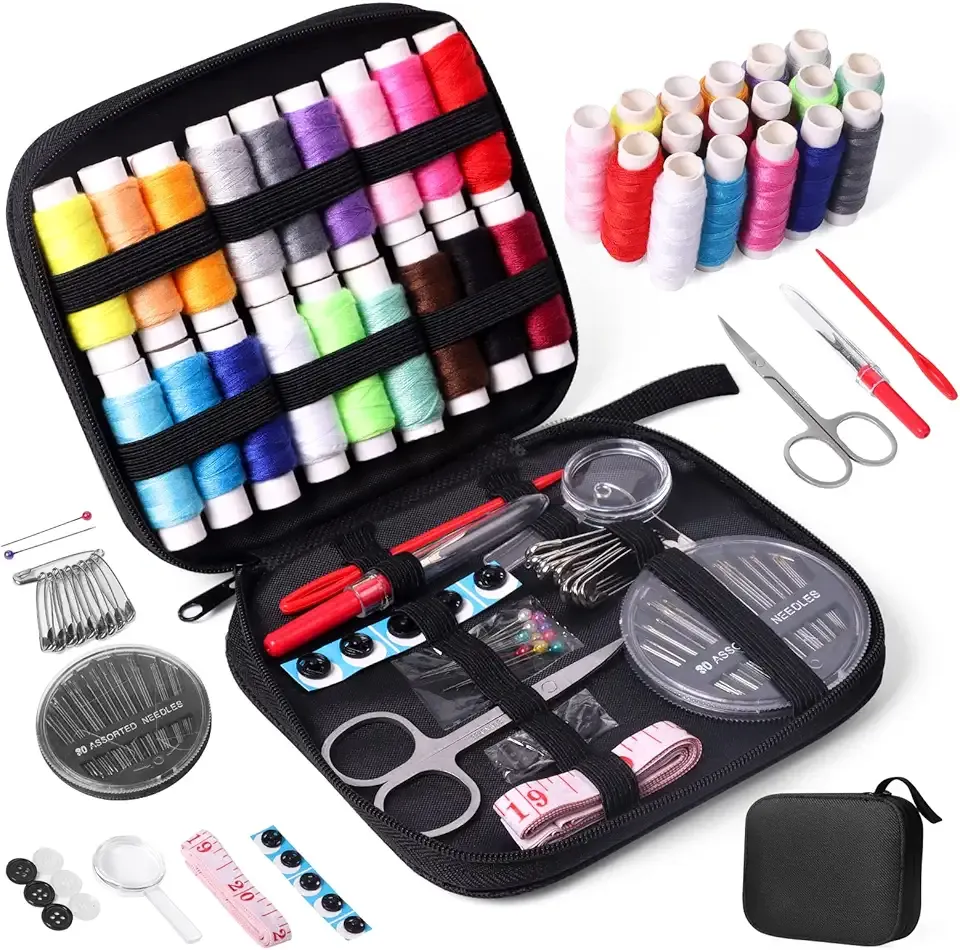 JUNING Sewing Kit with Case Portable Sewing Supplies for Home Traveler, Adults, Beginner, Emergency, Contains Thread, Scissors, Needles,Measuring Tape