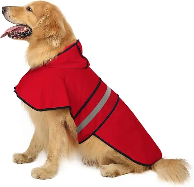 HDE Dog Raincoat Jacket Reflective Adjustable Hooded Pet Poncho Rain Coat with Leash Hole for Small to X-Large Dogs Red - L