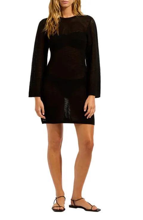 Open Back Long Sleeve Sheer Cotton Blend Cover-Up Dress