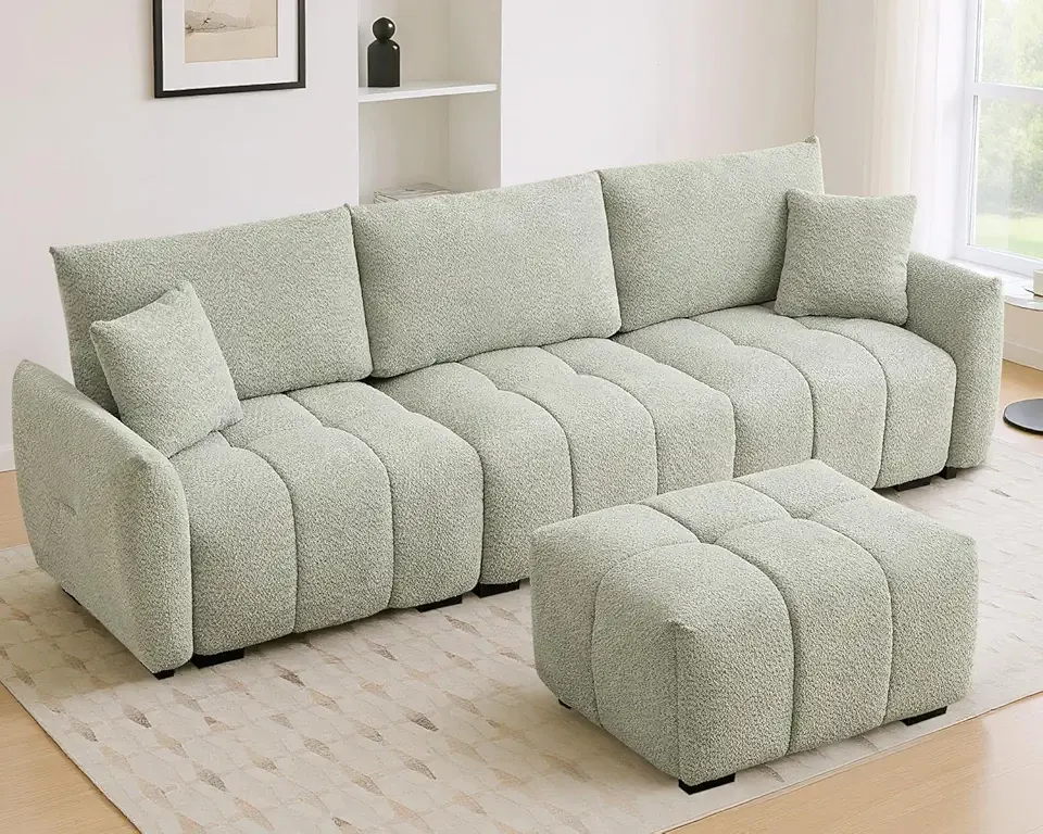 109" Modular Sectional Sofa with Ottoman, Boucle Fabric Cloud Couch 3-Seater L-Shaped Sofa Sleeper, with 2 Throw Pillows, Deep Seats, Pull-line Design (Green, 108.6 in)