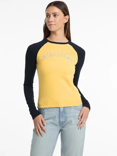 Guess Jeans Raglan Block Colour Tee In Banana Yogurt Multi