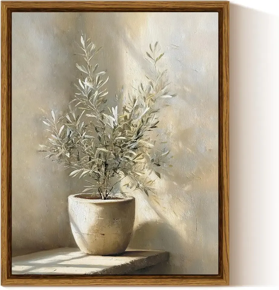 InSimSea Framed Canvas Wall Art, Mediterranean Olive Tree Art Print, Vintage Terracotta Pot Still Life, Neutral Beige Botanical Wall Decor, Japandi Minimalist Kitchen Art 10" L x 8" W