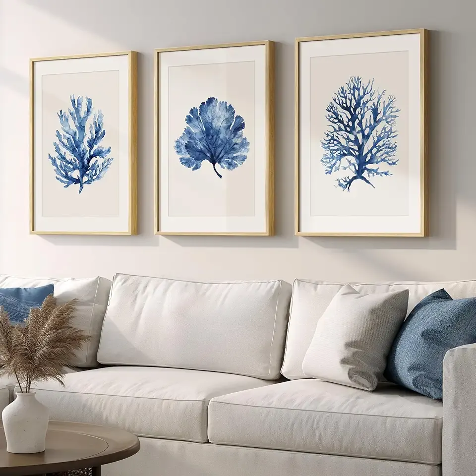 Framed Coastal Coral Wall Art for Living Room, Large Navy Blue Watercolor Coral Artwork for Walls, 3 Piece Minimalist Ocean Beach Marine Plants Pictures Prints for Bedroom Hallway Wall Decor, 16x24 In