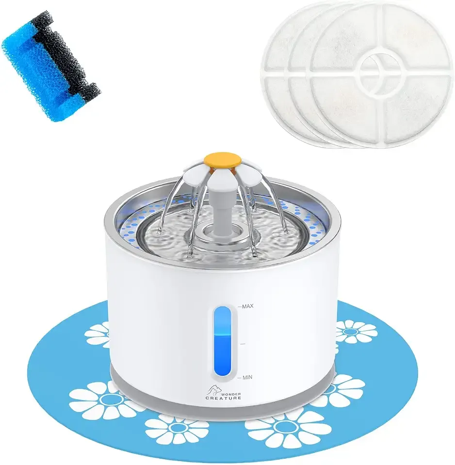 Wonder Creature Cat Water Fountain Stainless Steel Lid 81oz/2.4L-3 Filters | Pet Fountain with 3 Carbon Filters, 1 Mat, Quiet pump, LED Water Level Window, BPA-Free Stainless Steel Lid