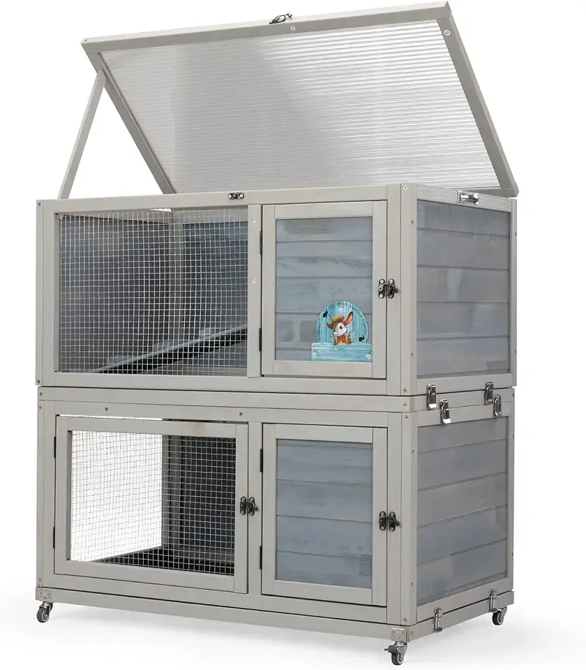Weatherproof Wooden Rabbit Hutch for Indoor Outdoor Use, 2 Story Bunny Cage House with Wheels, Small Animal Shelter with Pull Out Tray, Non-Slip Ramp, Chicken Coop, Pet House Guinea Pig