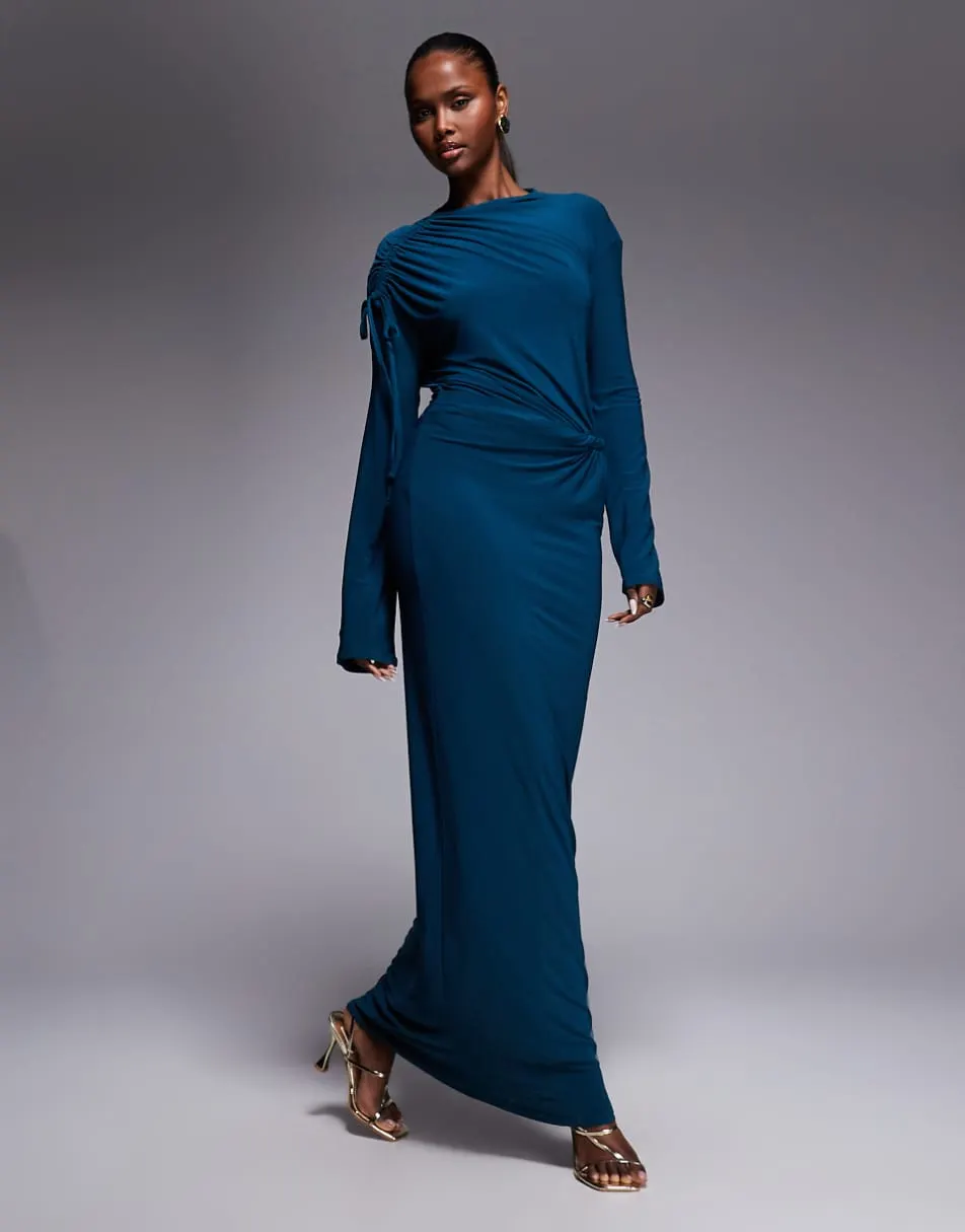 ASOS DESIGN draped high neck twist waist maxi dress with long sleeve in teal