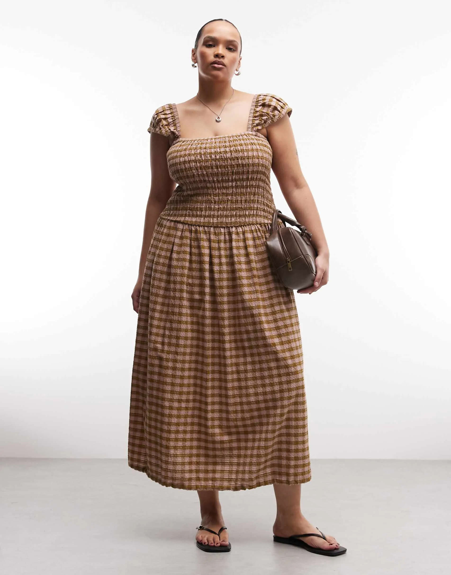 COLLUSION Plus shirred cap sleeve midi dress in green check
