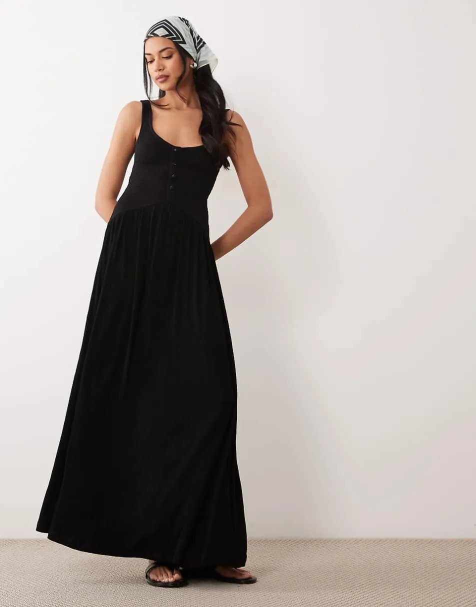 ASOS DESIGN crinkle button through midi dress in black