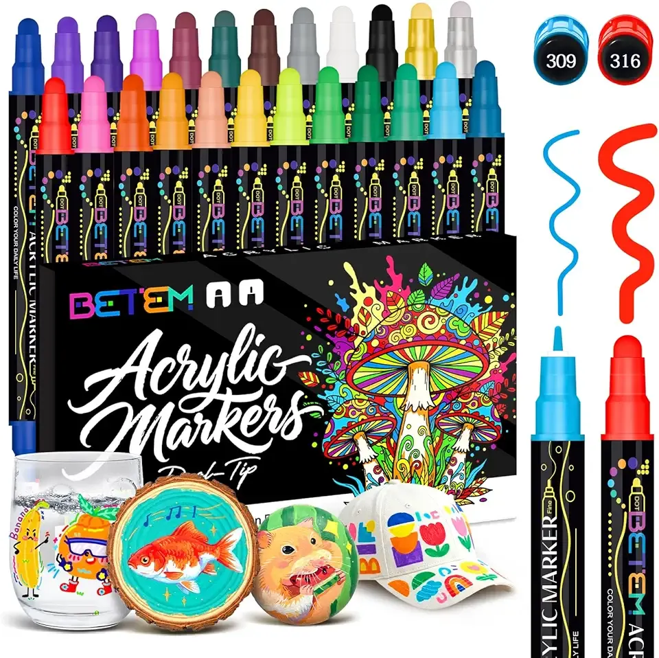 Betem 24 Colors Dual Tip Acrylic Paint Pens Markers, Premium Acrylic Paint Markers Stocking Stuffers for Rock, Wood, Fabric, Glass, Canvas, Ceramic, Christmas Gifts for Teens DIY Crafts Art Supplies