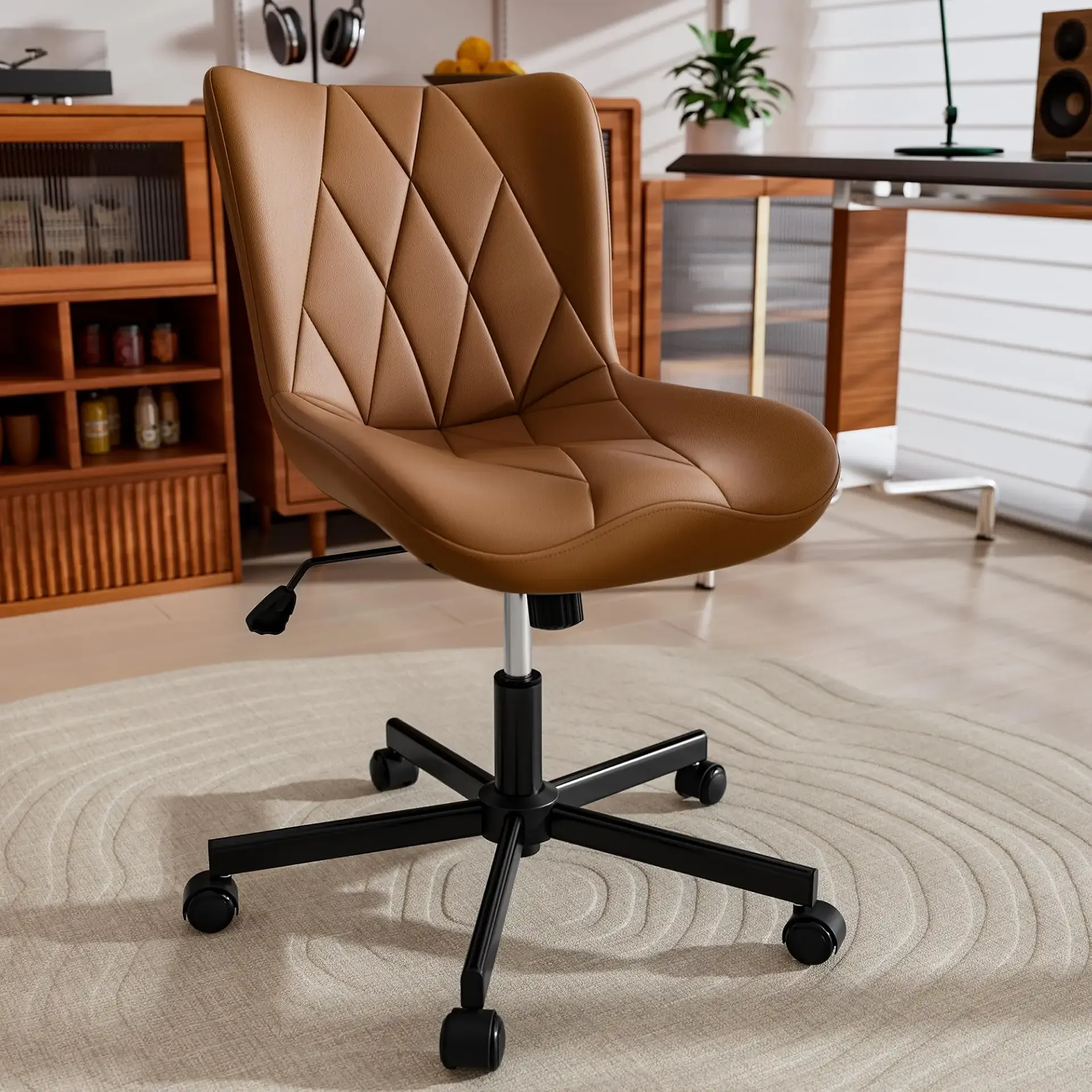 Brown Leather Armless Desk Chair, Soft Ergonomic Cushion, Height Adjustable, Rocking, Home Office