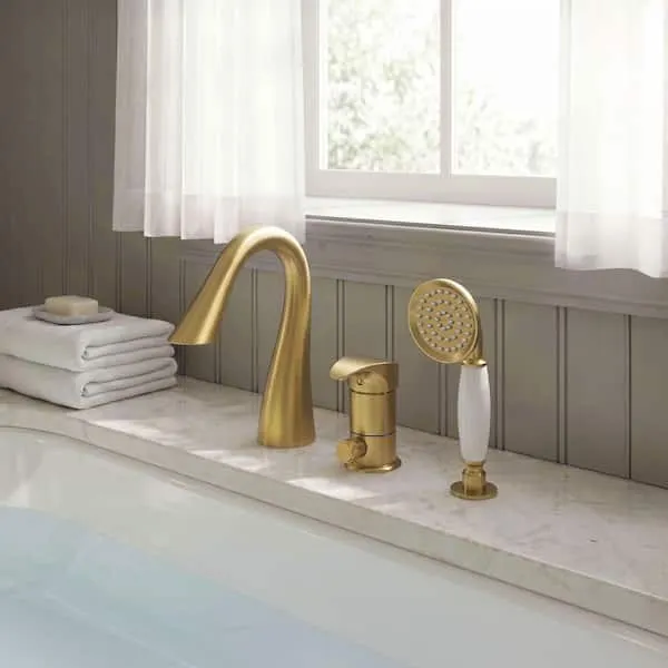 GRANDJOY Luxury 1-Handle Deck Mounted Roman Tub Faucet Waterfall Bathtub Faucet with Handheld Shower 2.8 GPM in Brushed Gold