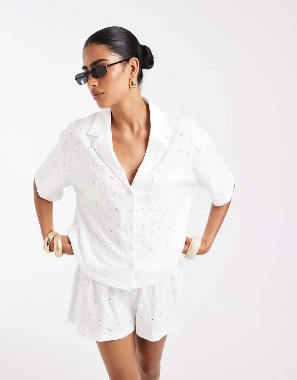 ASOS DESIGN Jersey broderie collared button down shirt in white