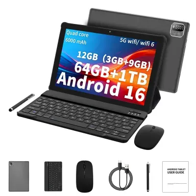 PRITOM 10 Zoll Android 16 Tablet, 12(3+9 erweiterbar)GB+64GB 1TB erweiterbar, WiFi 6, Dual-Box-Lautsprecher, BT5.0, mit Tastatur, Maus, Hülle, Schwarz