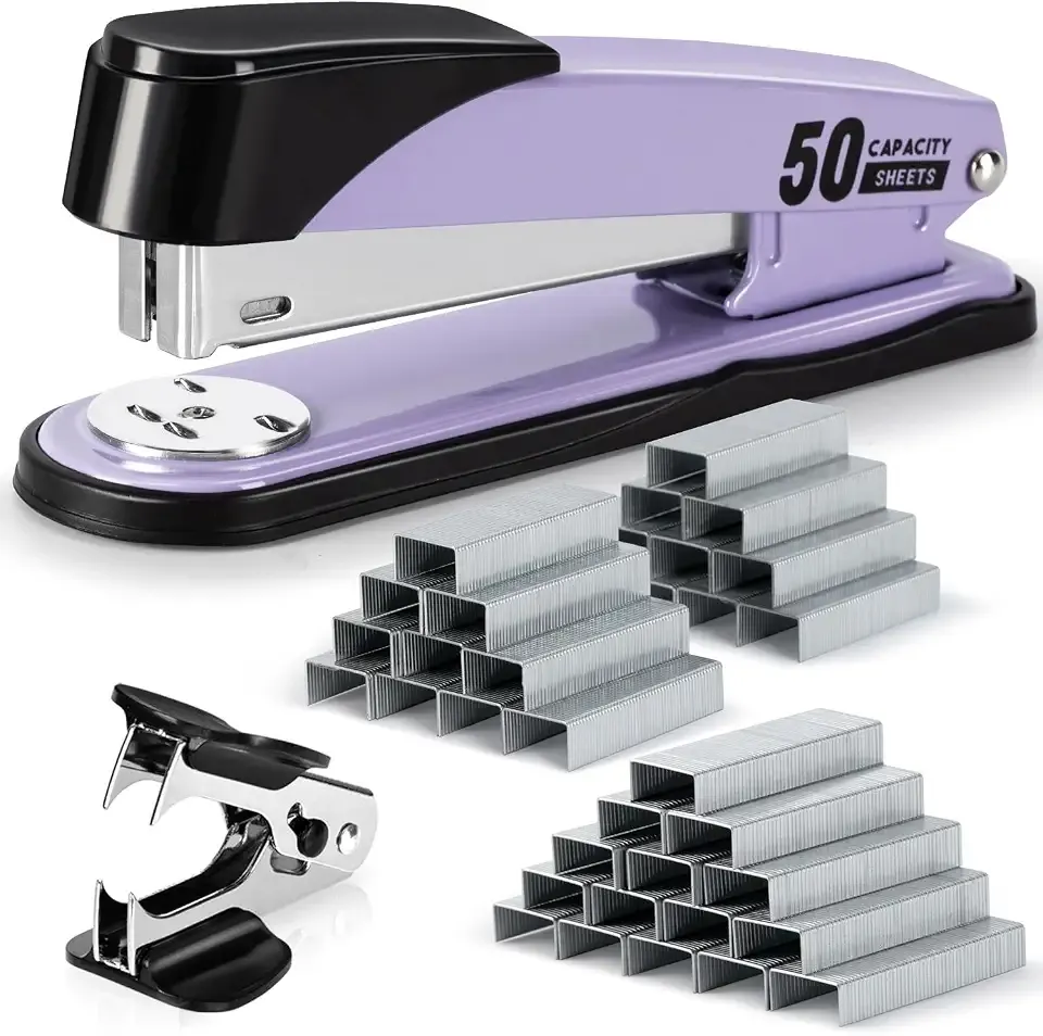 Deli Stapler Heavy Duty, 2000 Staples and Staple Remover, Purple | 50 Sheet Capacity, No Jam, Full Strip, Non-Slip Office Stapler with Staples for Office, Classroom