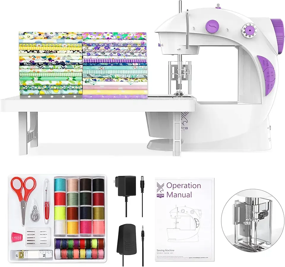 KPCB Tech Sewing Machine for Beginners [Full Set] with Finger Guard and Fabric Bundles - Mini Sewing Machine with Sewing Kits, Foot Pedal, US Adapter and Extension Table
