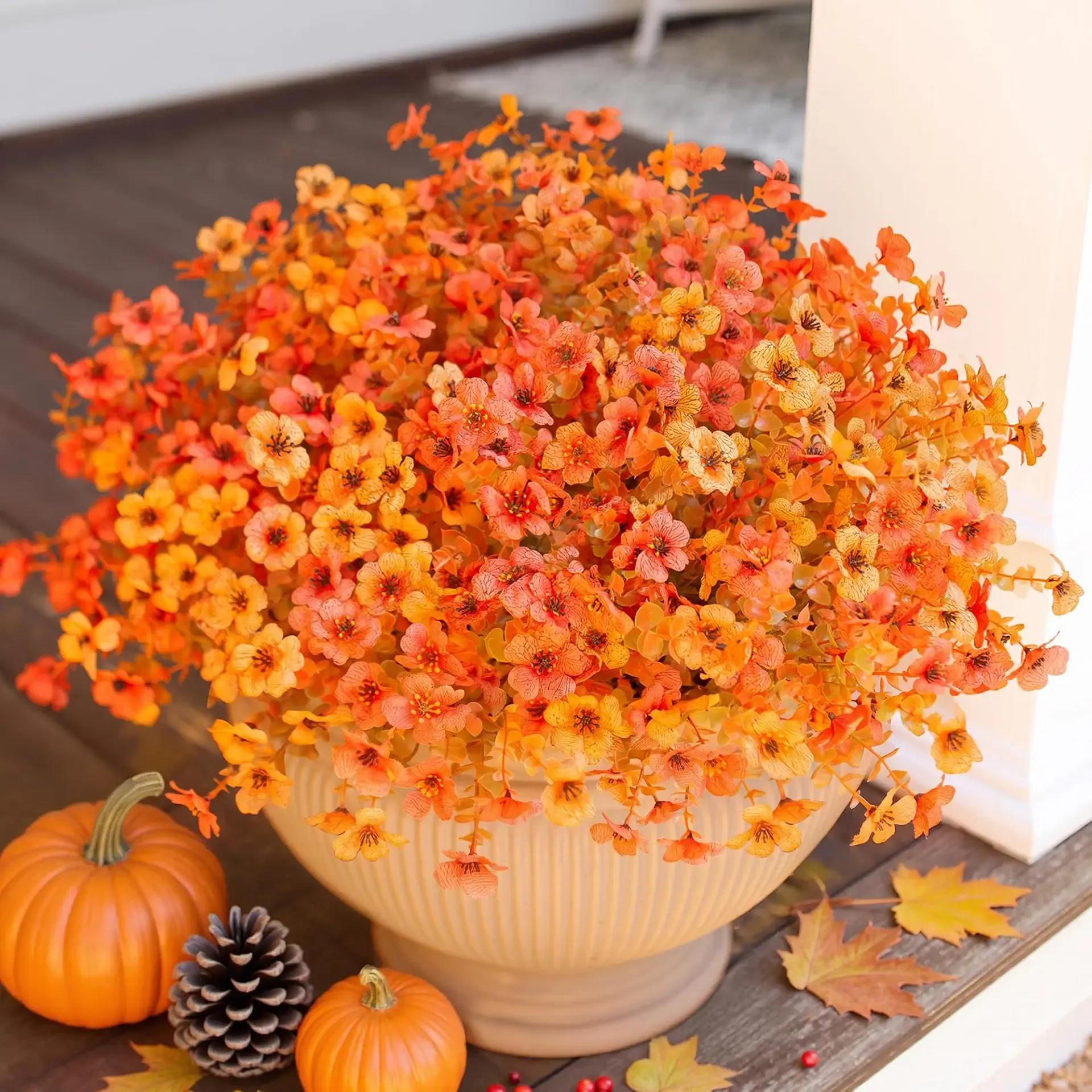 HyeFlora Artificial Fall Flowers Faux Mums for Outdoor Indoor Garden Home Decoration, Faux Flower Daisy with Eucalyptus Leaves Fake Mums Plants Greenery Boxwood Porch Patio, 12 Bundles