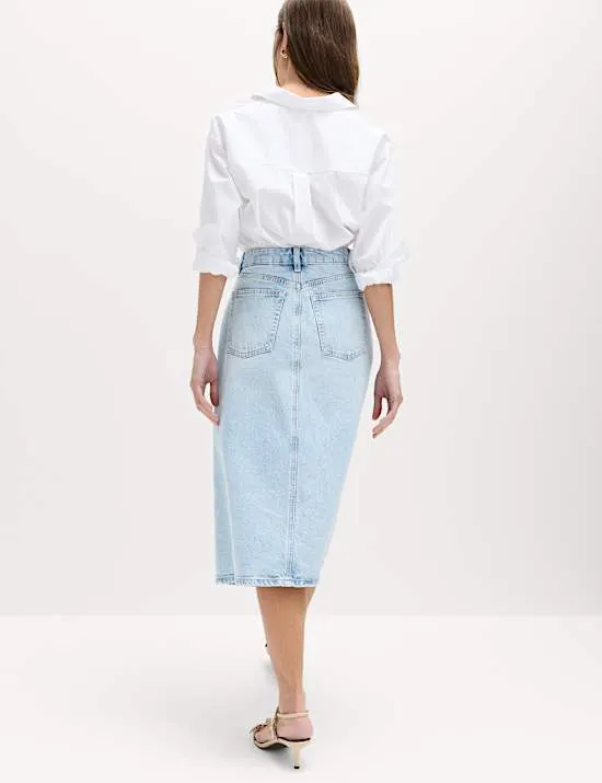Pure Cotton Denim Asymmetric Midi Wrap Skirt